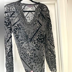 Hale Bob, black, sheer tunic with velvet, sequins, beads. Size medium